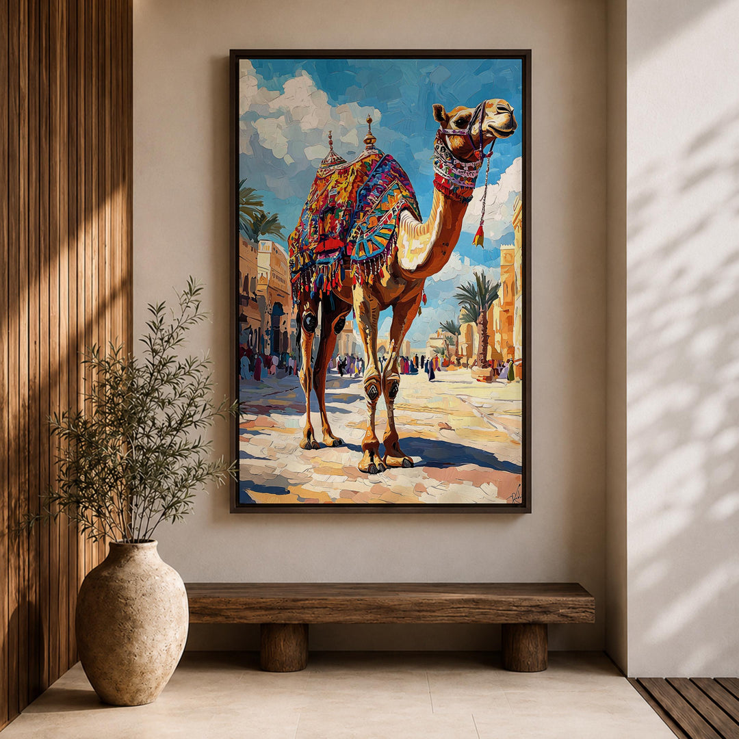 Warm amber and teal Moroccan art print for modern interiors