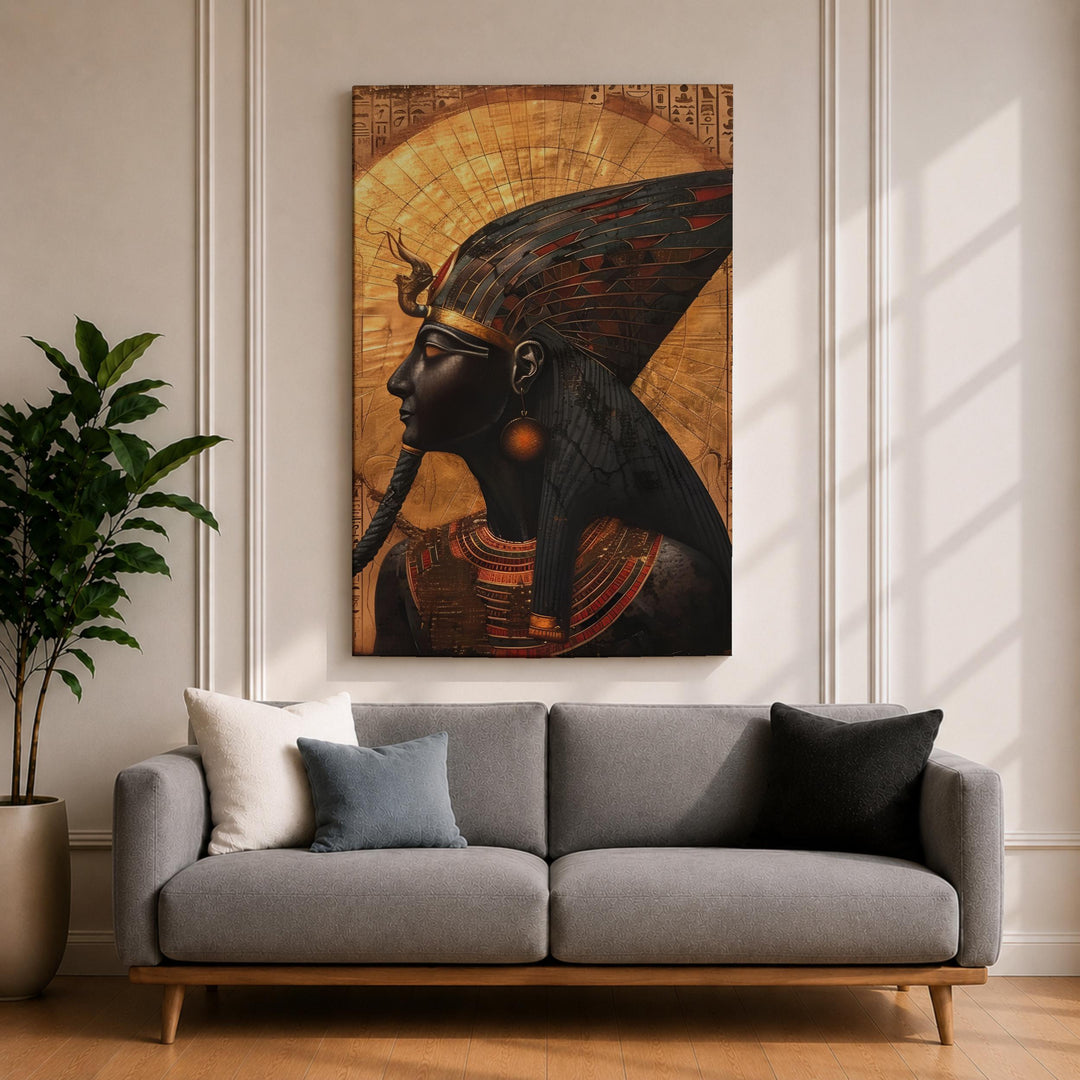 Egyptian queen wall art portrait with ancient myth motif