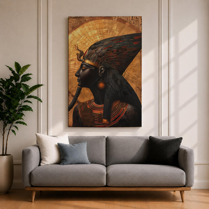 Egyptian queen wall art portrait with ancient myth motif