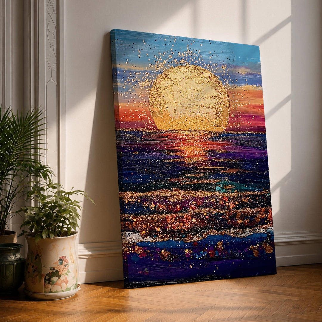 Golden sunset over calm ocean with warm amber horizon
