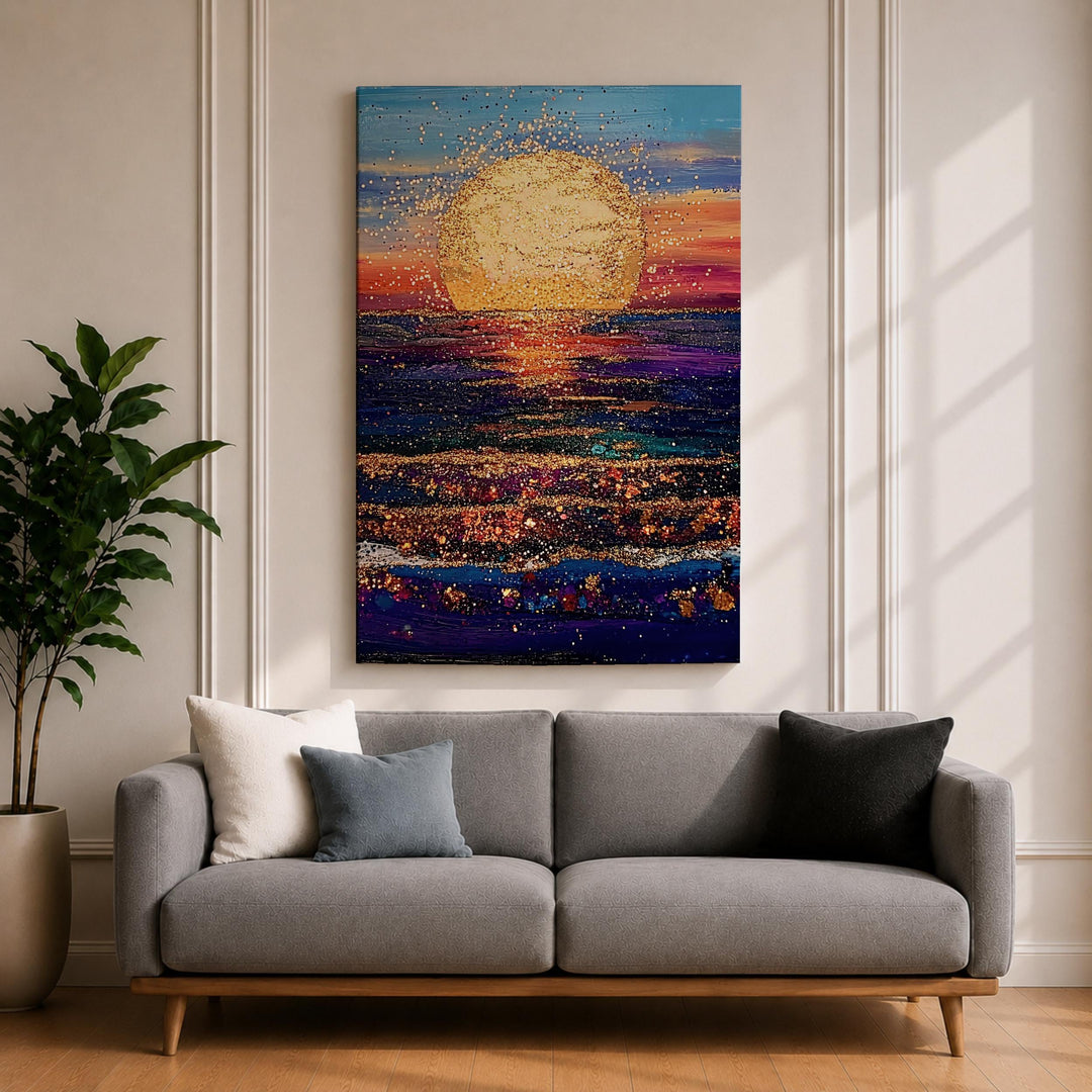 Serene coastal horizon on framed canvas with blue water