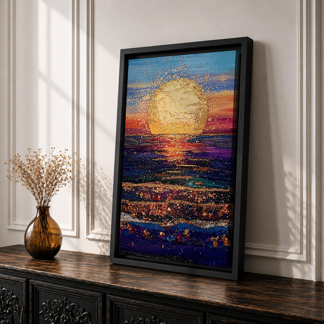 Ocean seascape at sunset showing golden sky and waves