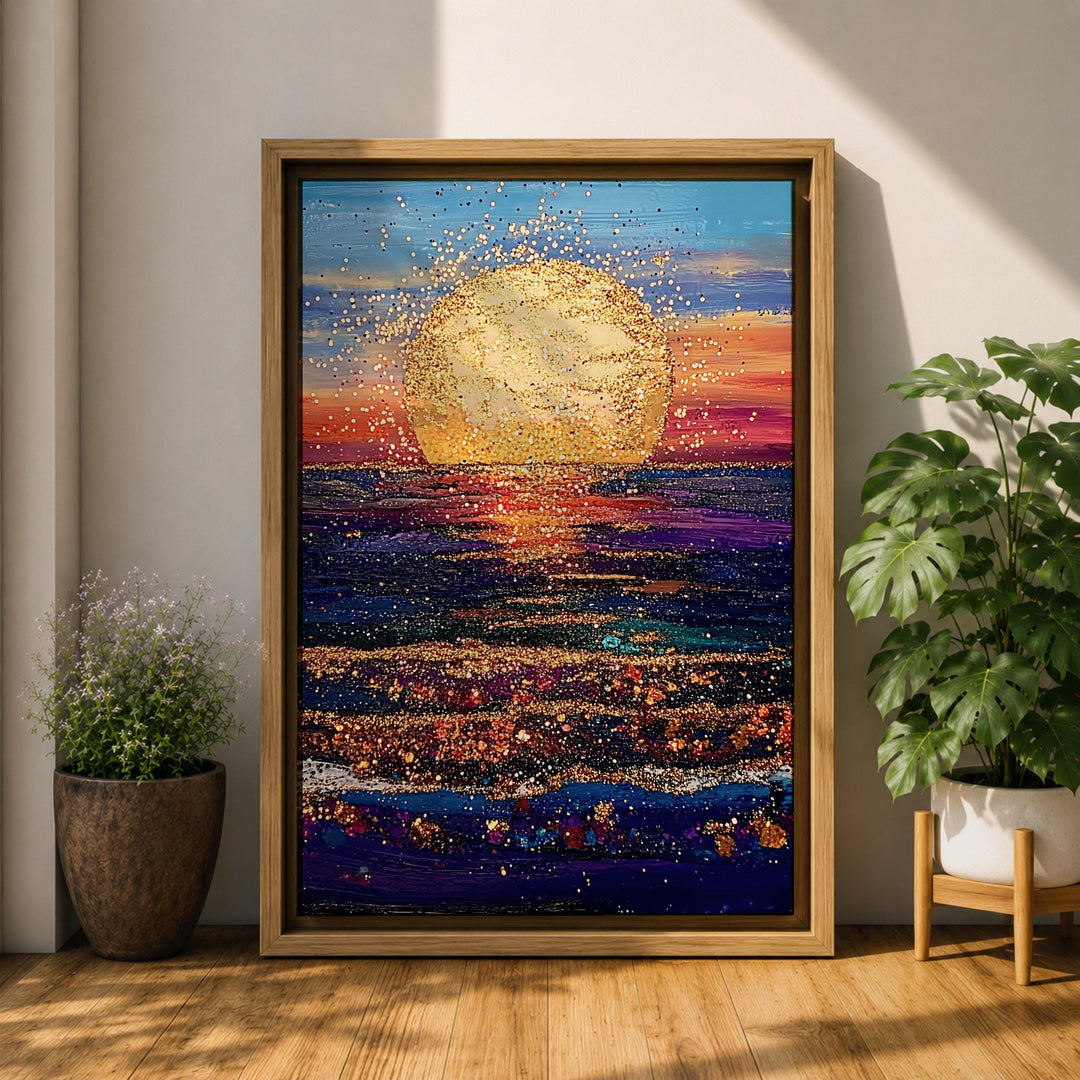 Warm golds meeting deep blues in a coastal landscape wall art