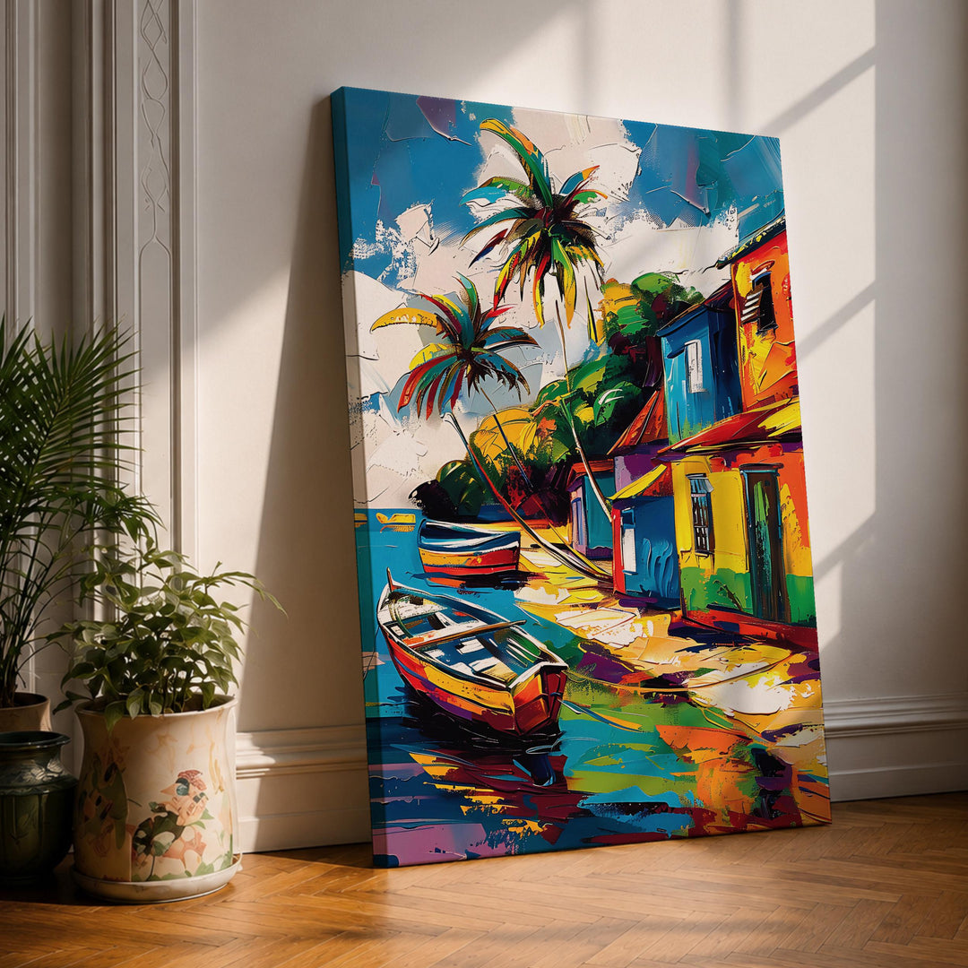 Caribbean village framed canvas wall art with tropical coast and colorful village houses