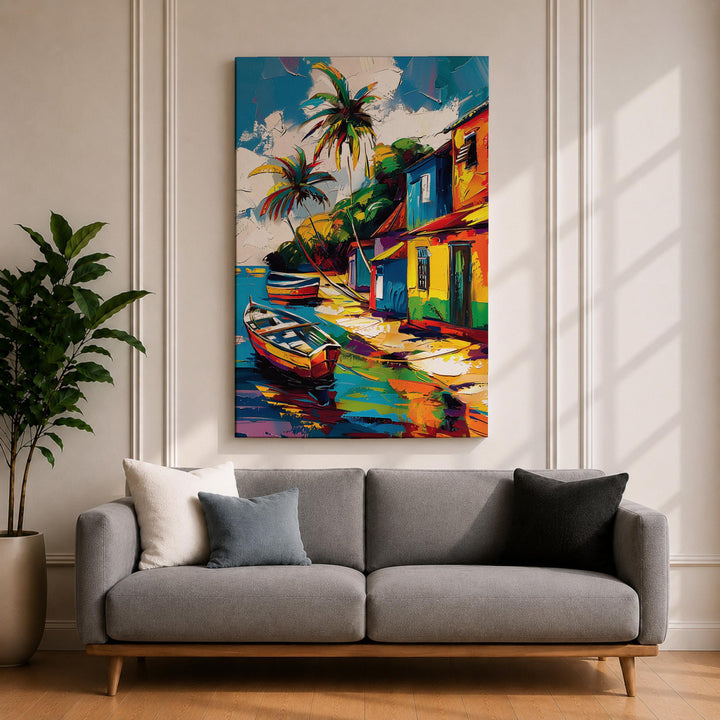 Vibrant island landscape on framed canvas featuring turquoise sea and palm trees