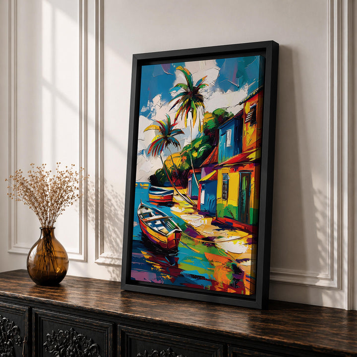 Colorful seaside scene for living room decor on premium framed canvas