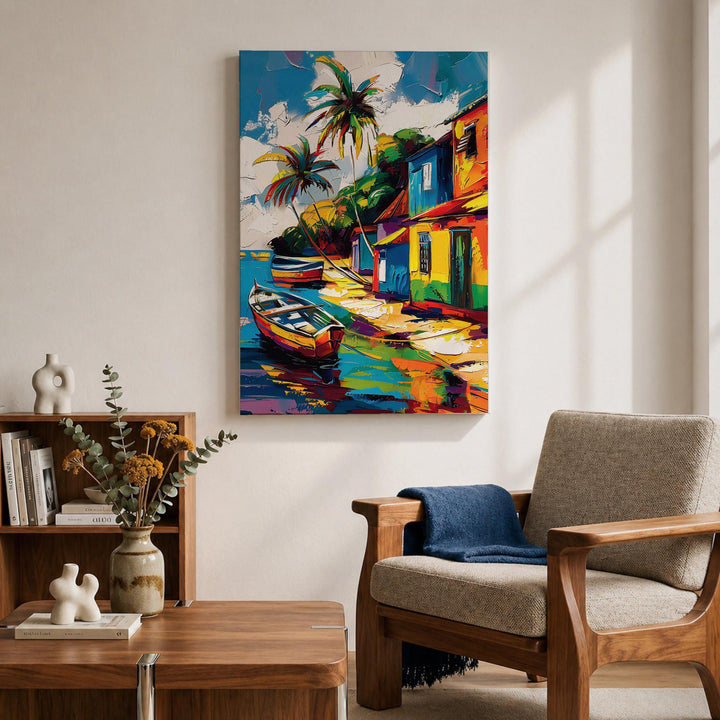 Wood-framed tropical coastal wall art hanging in a bright, modern space