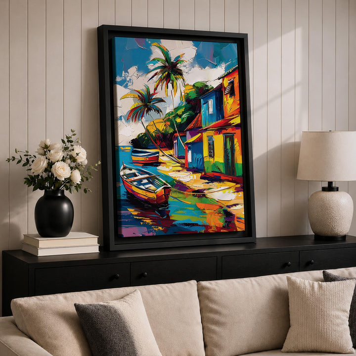 Vibrant beach landscape print on wood frame for living spaces