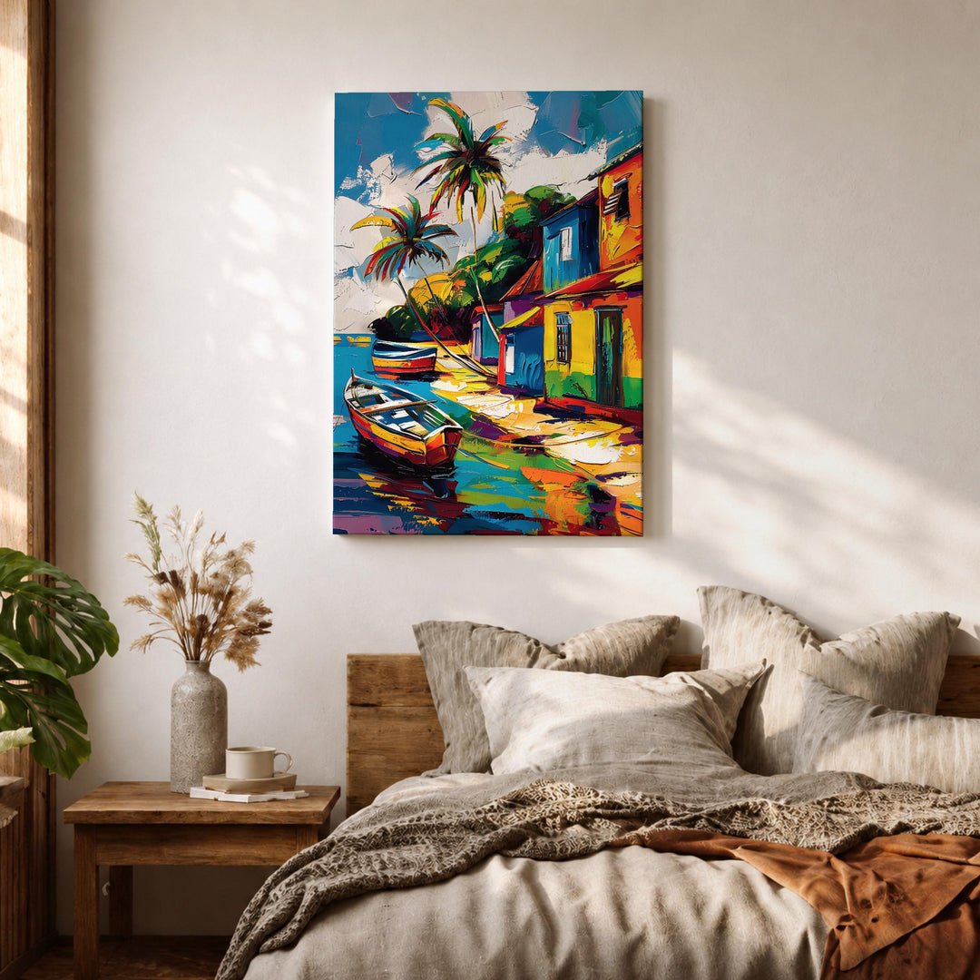 Island sunset and village life scene on framed wall art