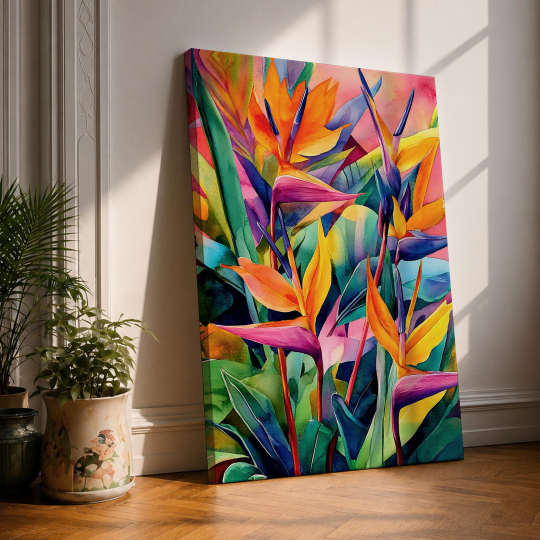 Bird of Paradise framed canvas wall art with tropical blooms in warm tones