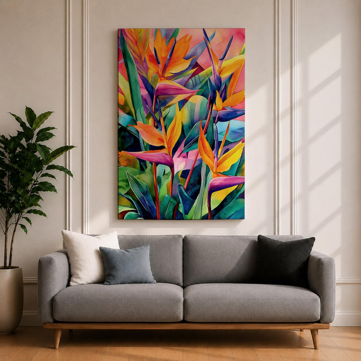 Close-up of Strelitzia flower on framed botanical wall art in boho style