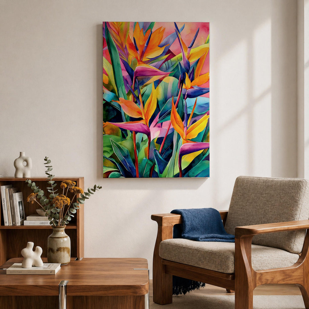 Natural wood frame around Bird of Paradise canvas print