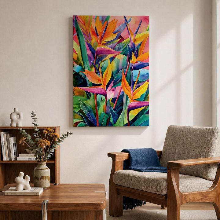 Natural wood frame around Bird of Paradise canvas print