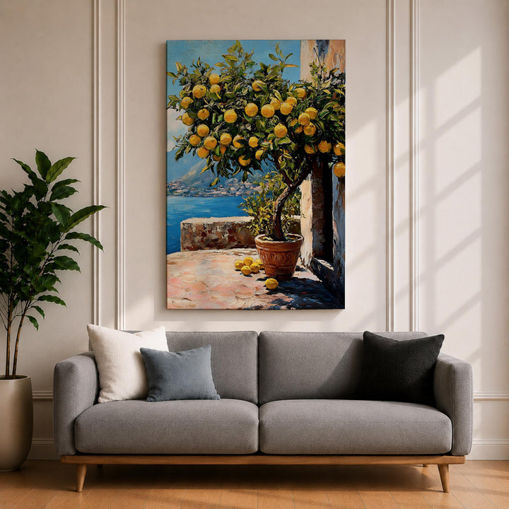 Bright lemons and blue sea in Mediterranean wall art, framed