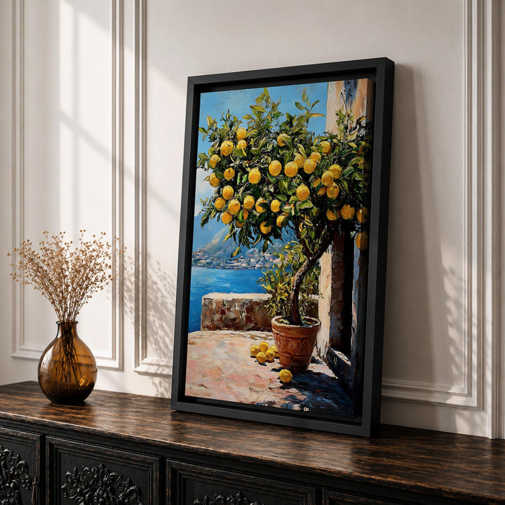 Italian seaside landscape with lemon trees on a premium canvas frame