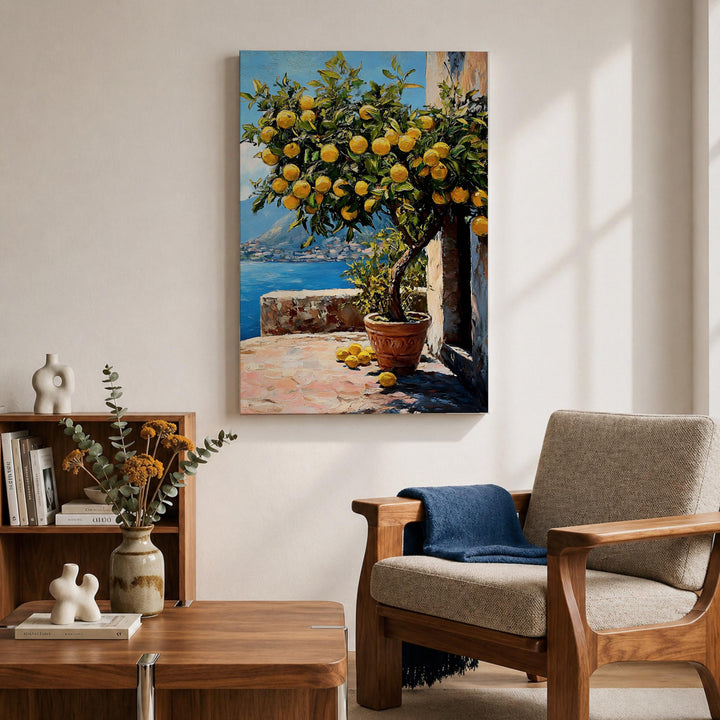 Sunlit citrus grove artwork for bedroom, framed wall decor