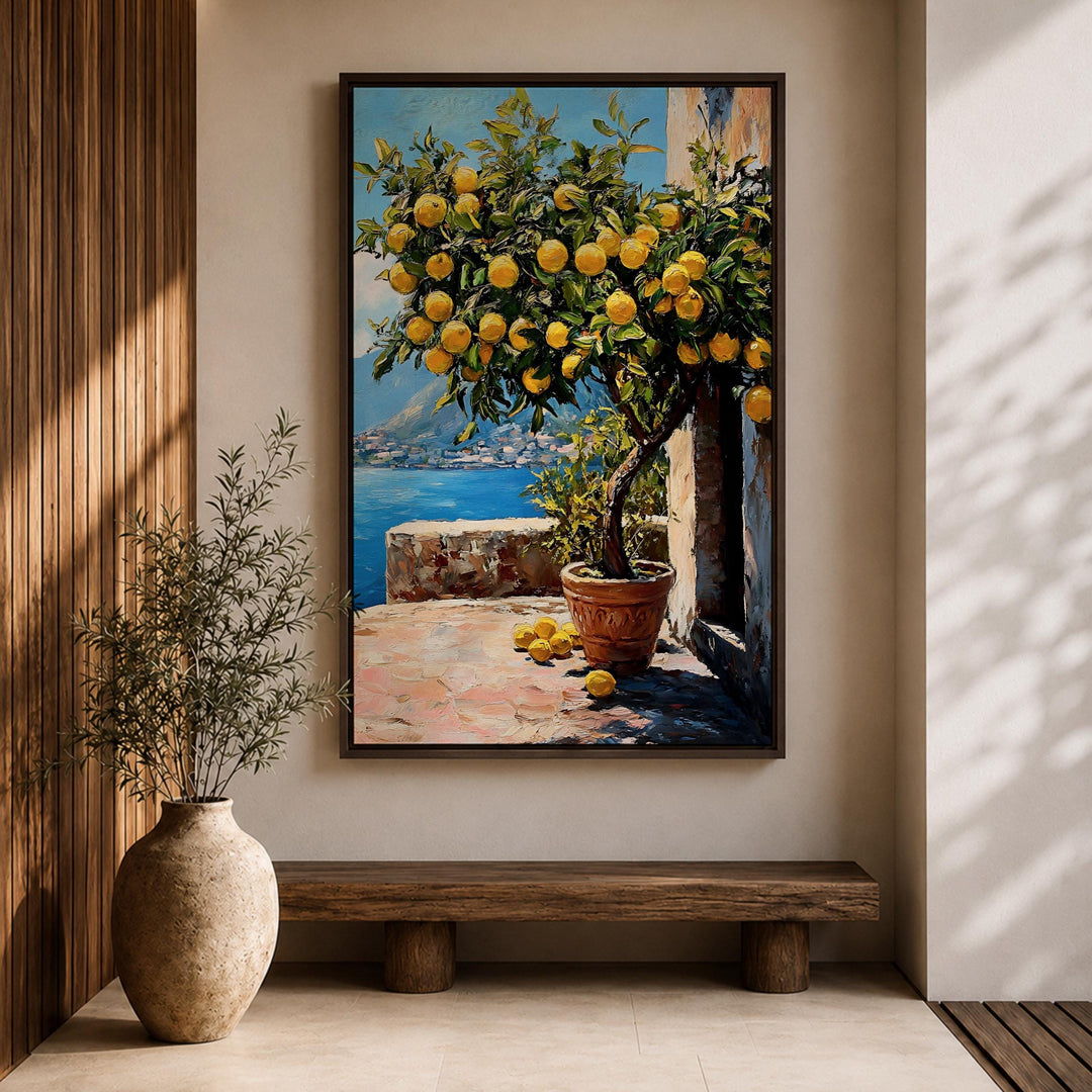 Warm Mediterranean colors in lemon tree wall art, ready to hang