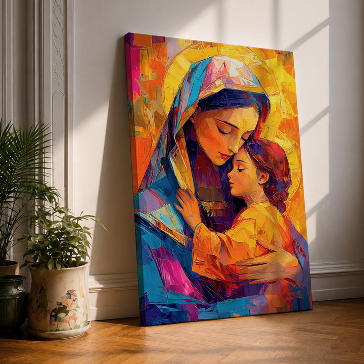 Mary and Child framed canvas wall art with mosaic design, front view