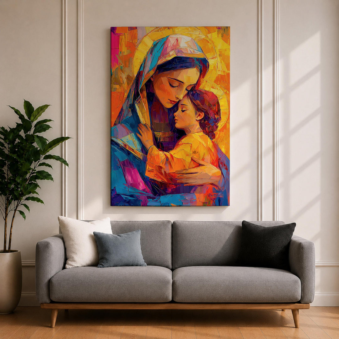 Close-up of Mary and Child artwork in wooden frame, mosaic style