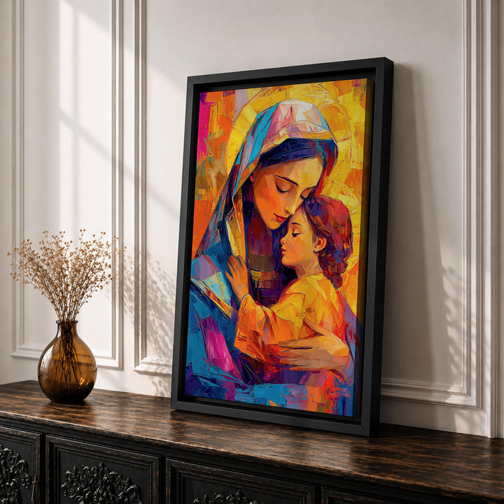 Framed Mary and Child wall art hanging on neutral wall