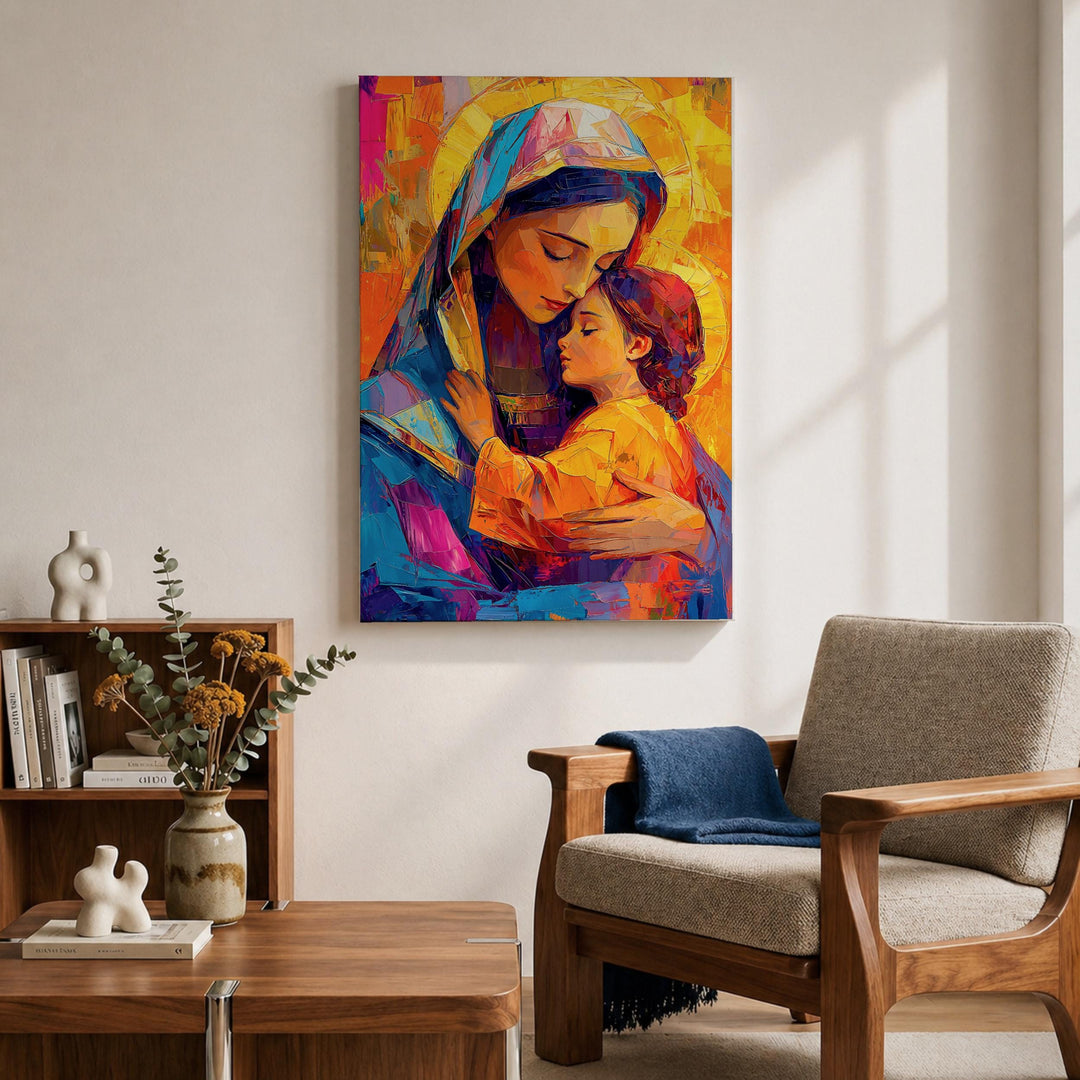 Detail of soft colors and textures in Mary and Child canvas