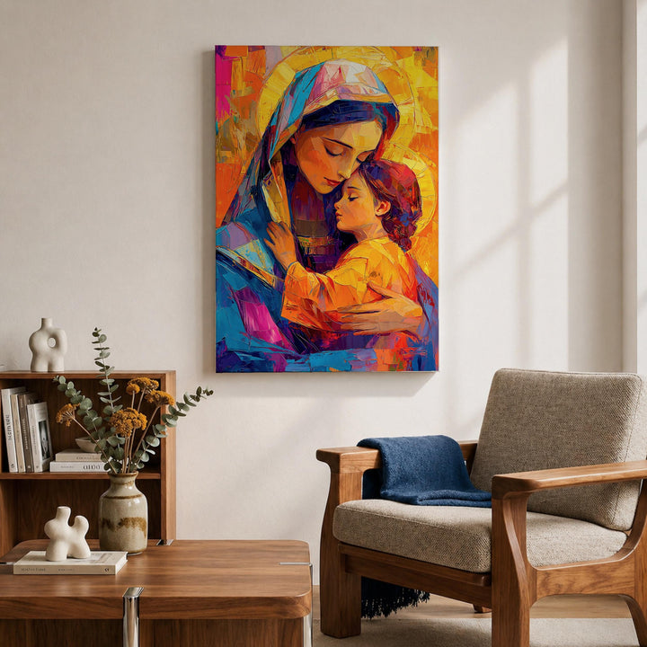 Detail of soft colors and textures in Mary and Child canvas