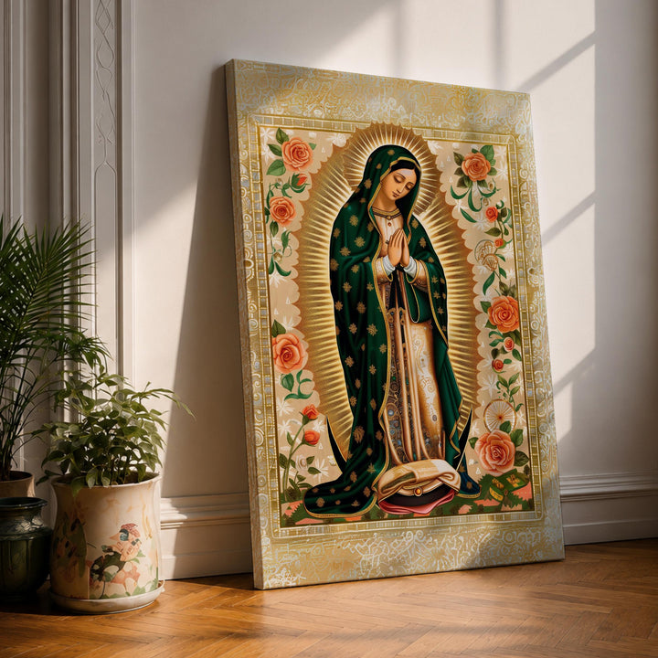 Our Lady of Guadalupe framed canvas with rose border