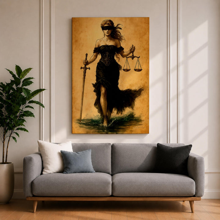 Close-up of intricate line work and textures on Lady Justice canvas art