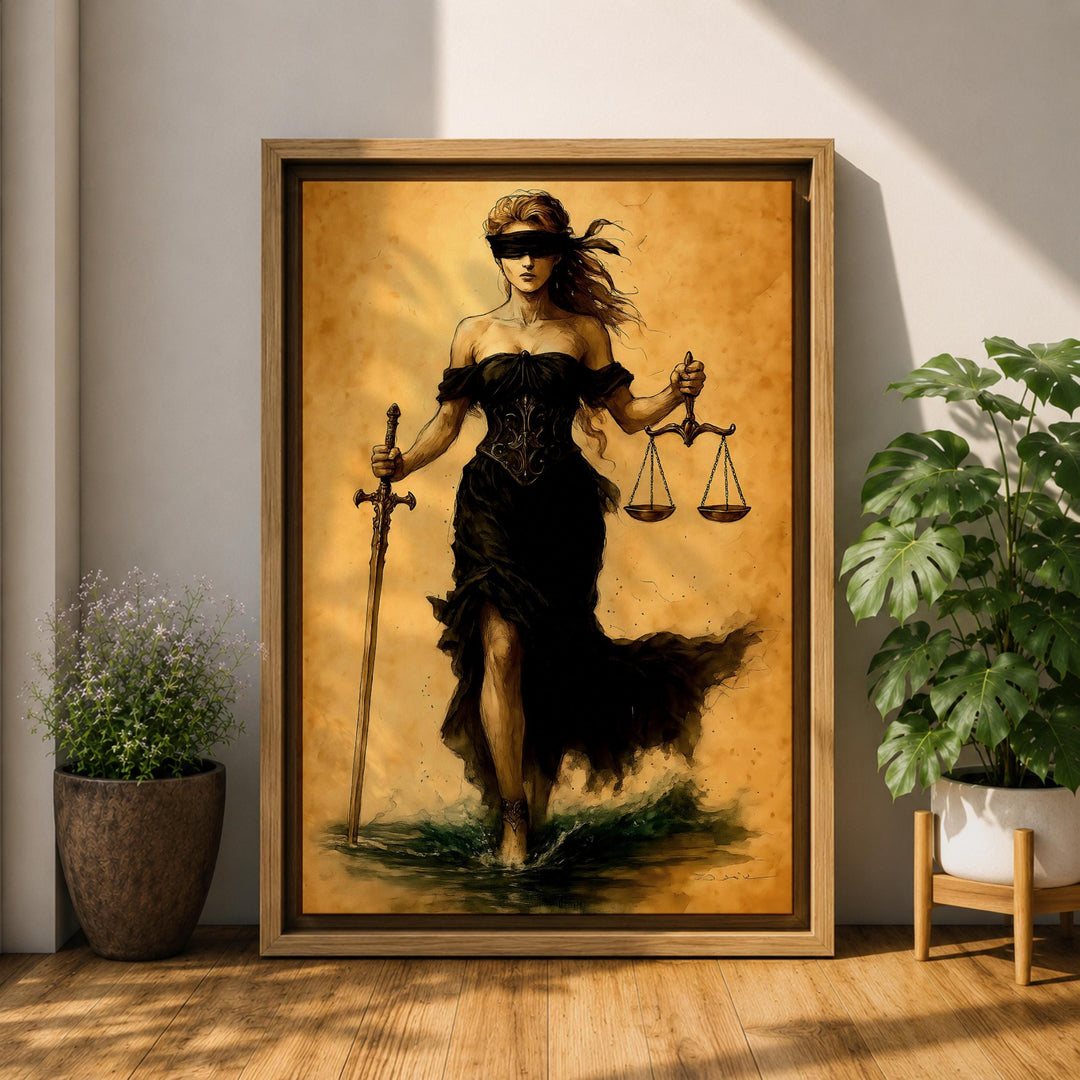Living room display of premium justice-themed wall art