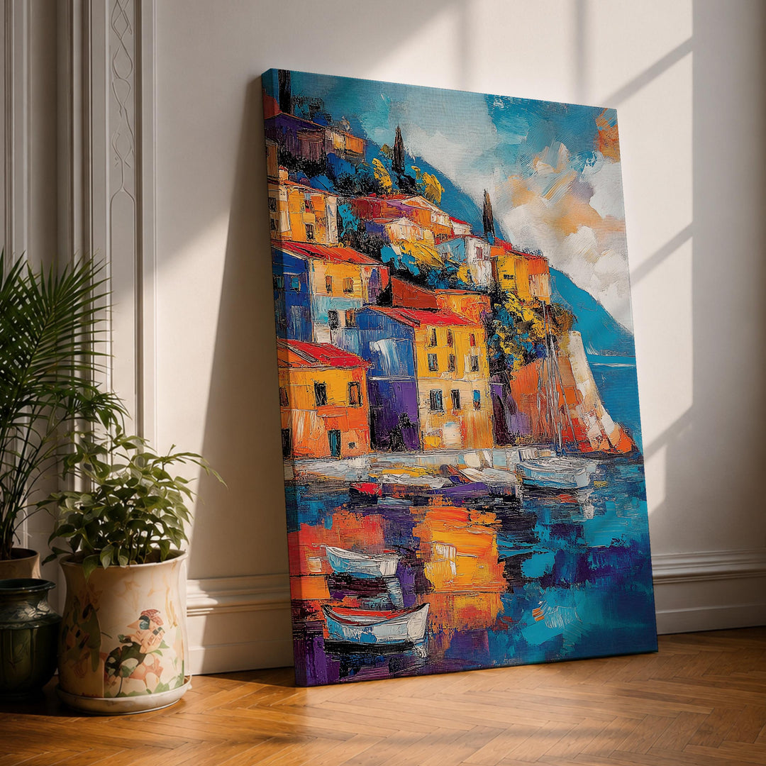 Colorful Italian coastal village harbor with boats on framed canvas