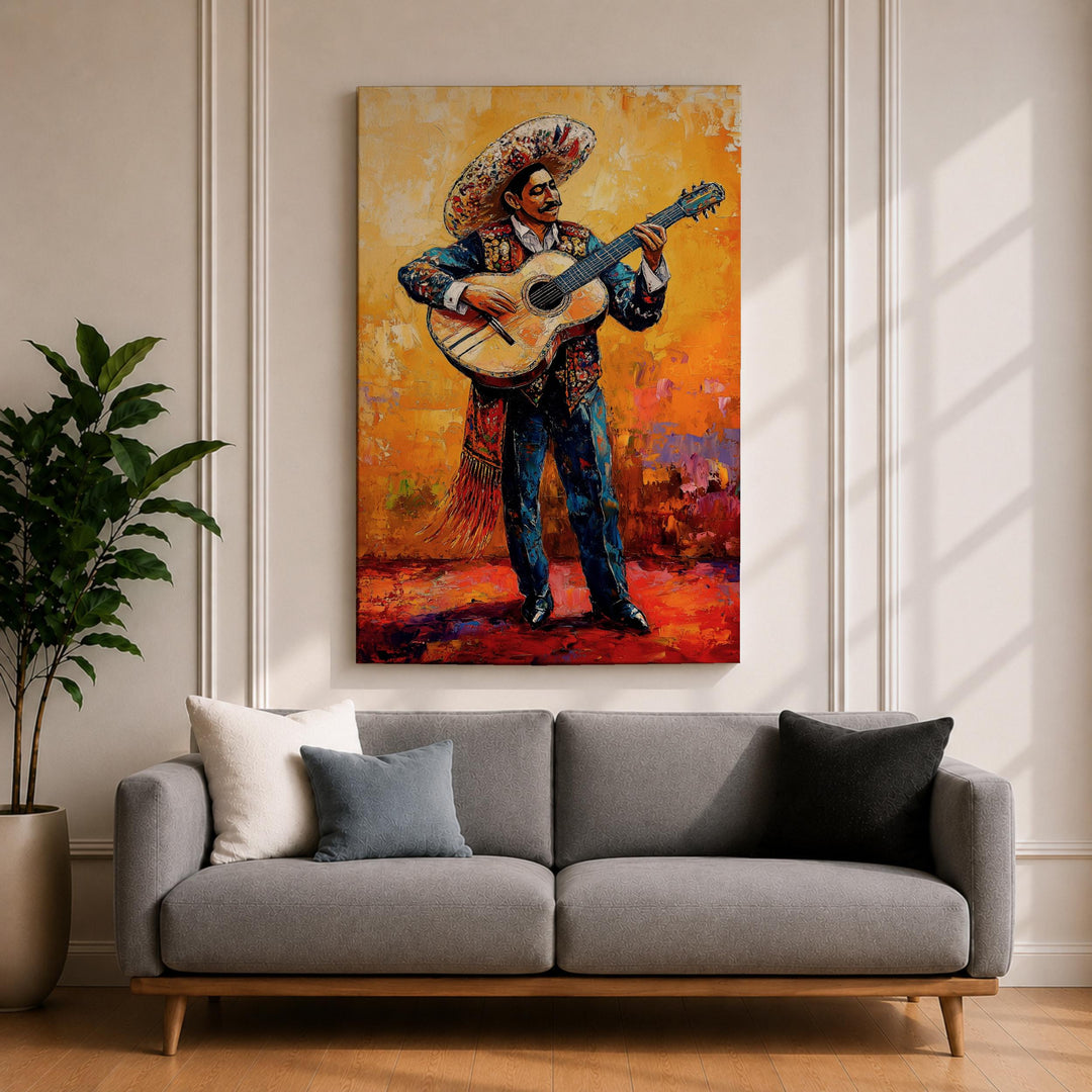 Charro musician silhouette in vintage Mexican wall art