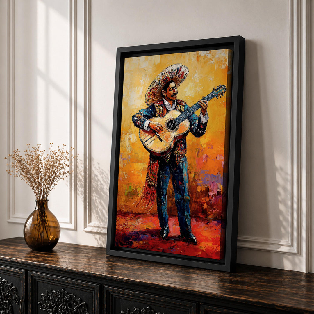 Decorative mariachi artwork on rustic wooden background
