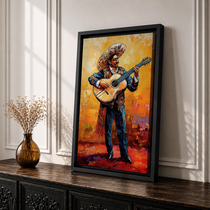 Decorative mariachi artwork on rustic wooden background