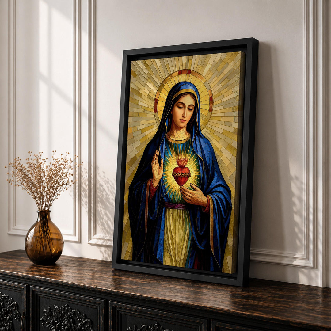 vertical view of sacred heart mary framed canvas artwork