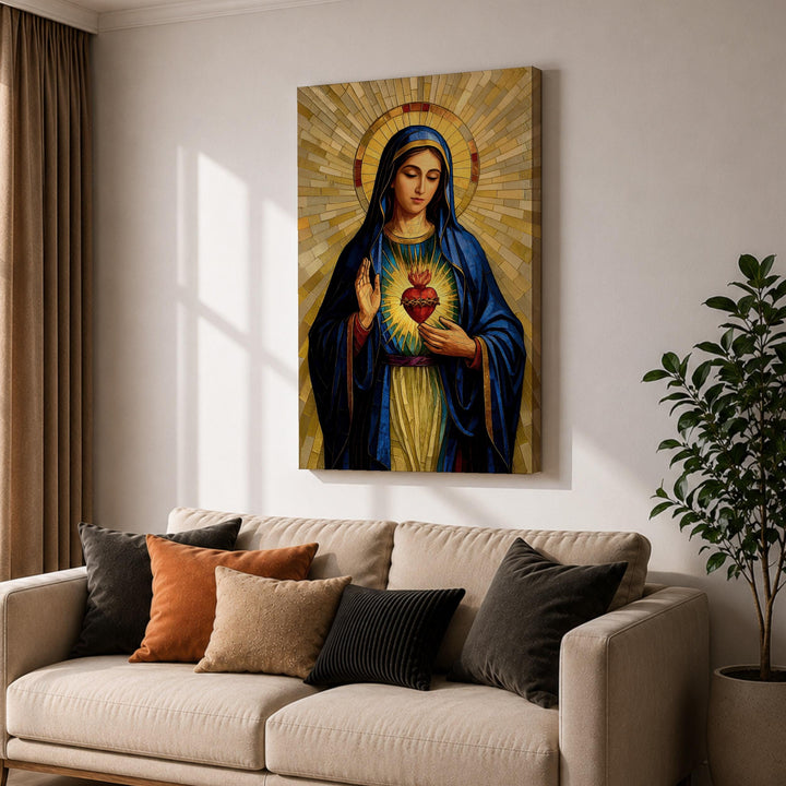 madonna mosaic design with red and gold tones