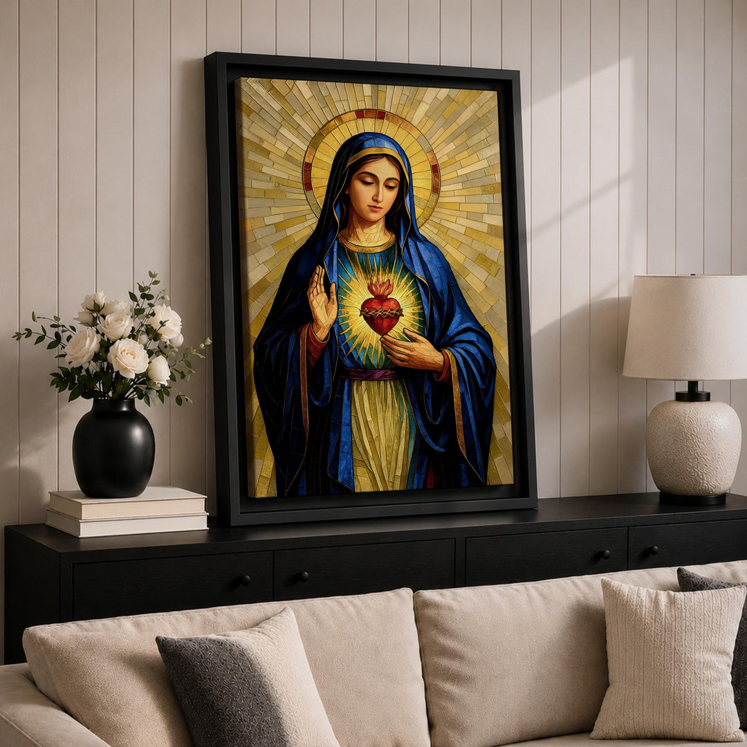 framed sacred heart wall art with ornate mosaic details