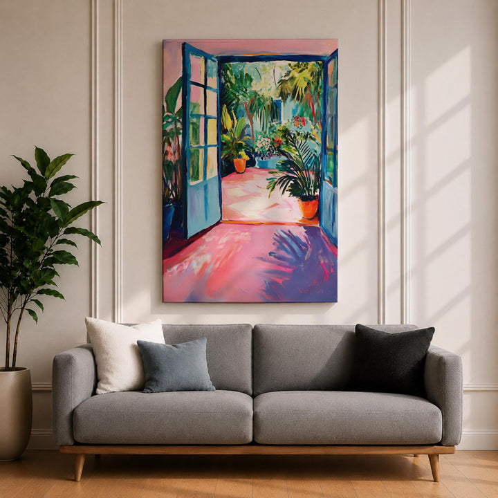 Watercolor botanical framed canvas featuring tropical greenery
