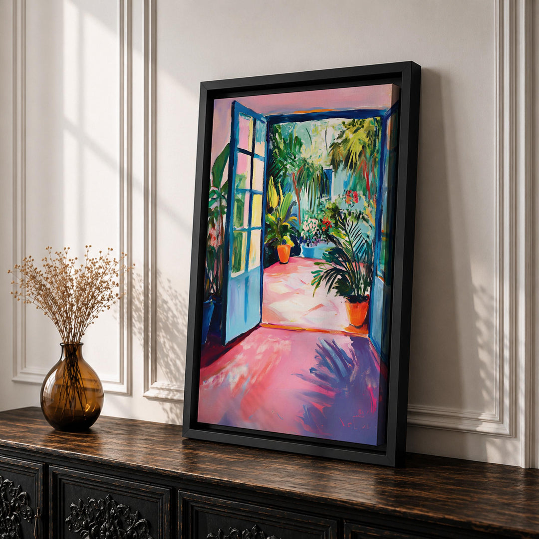 Living room wall art with tropical courtyard scene in a wooden frame
