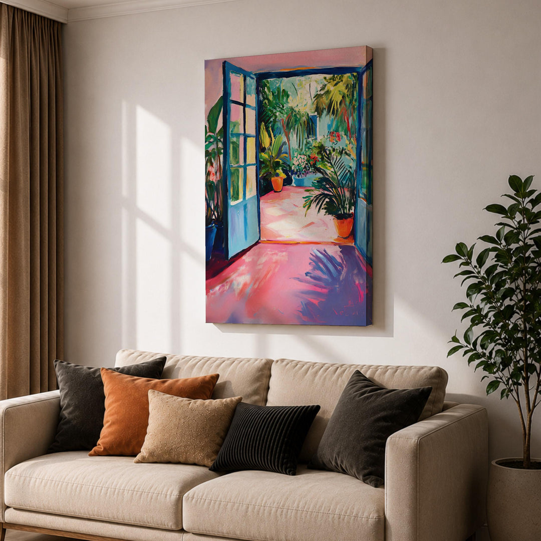Curated wall art with watercolor botanicals in warm tropical tones