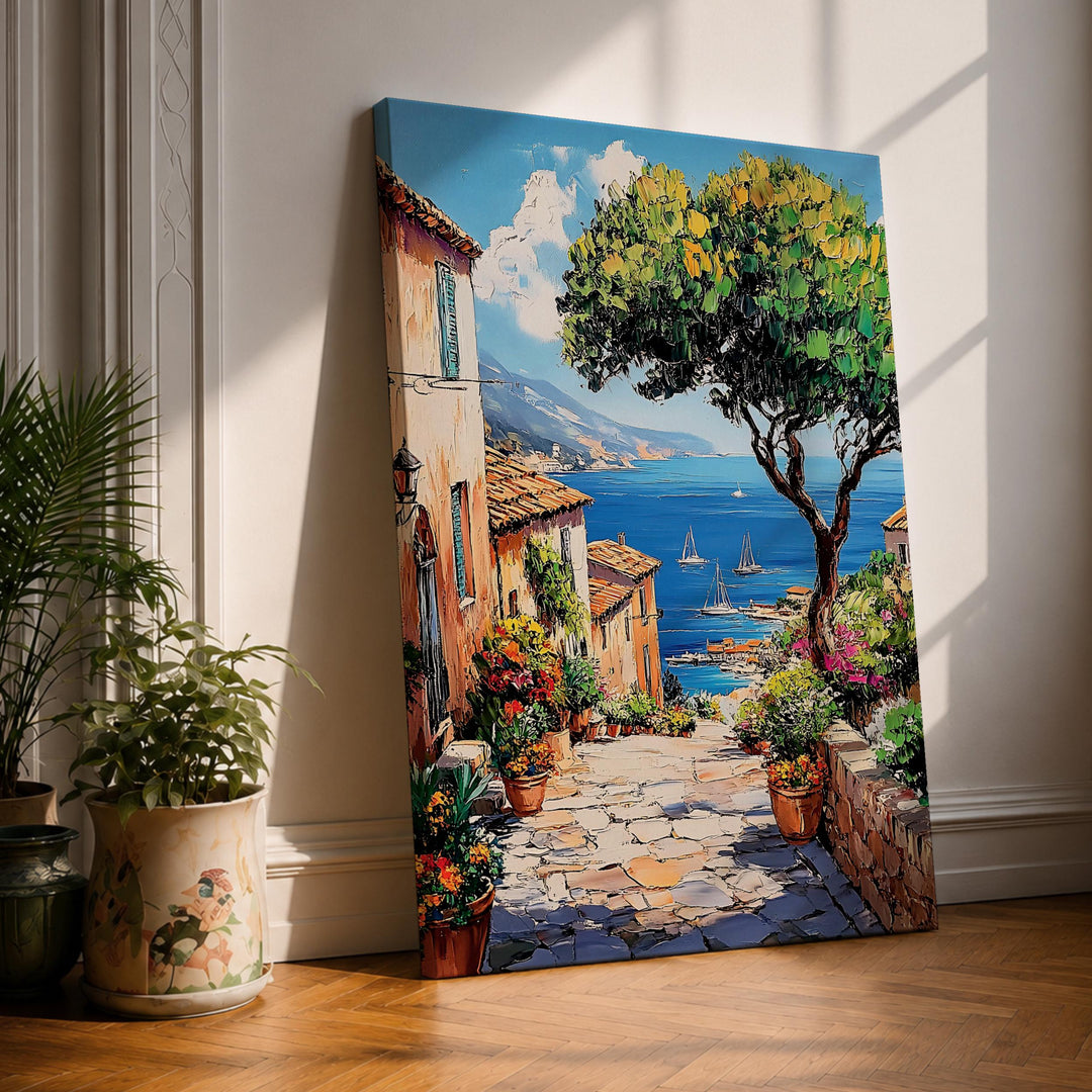 Framed canvas coastal village harbor at sunset in Amalfi style