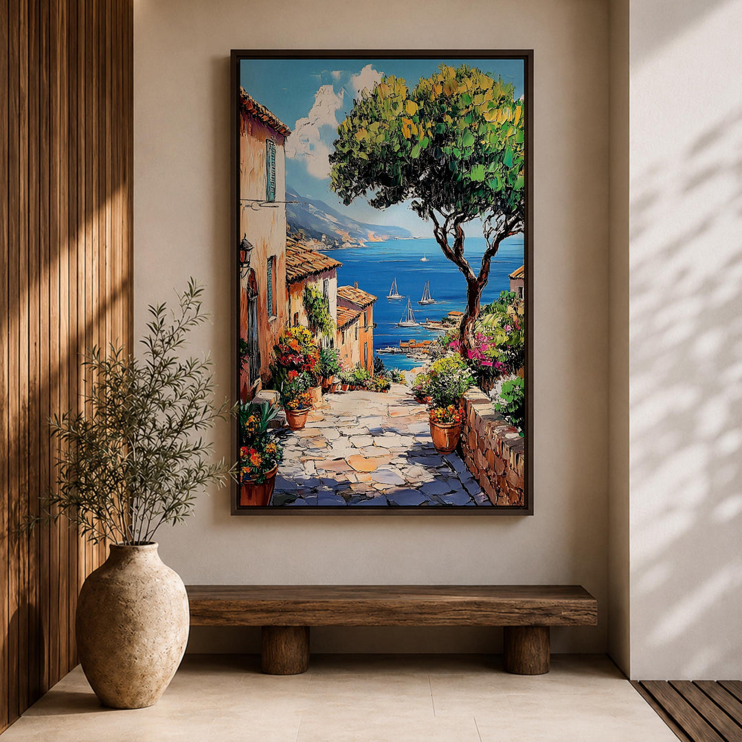 Serene Amalfi coast village scene on framed canvas wall art