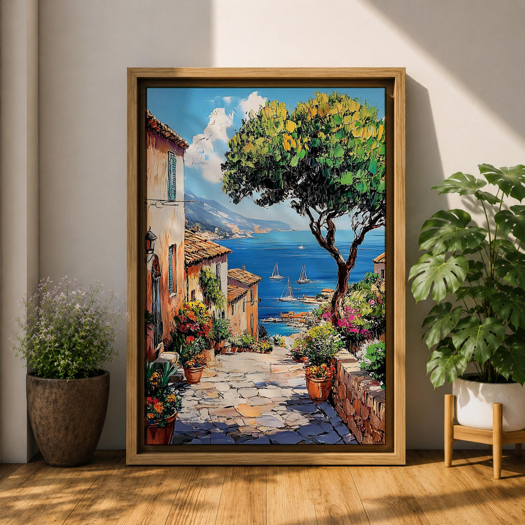 Blue ocean and coastal village ships on premium framed canvas