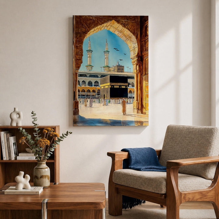 Framed Kaaba arch watercolor artwork for living room