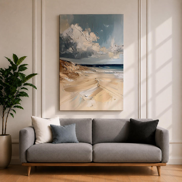 ocean horizon coastal wall art displayed in living room