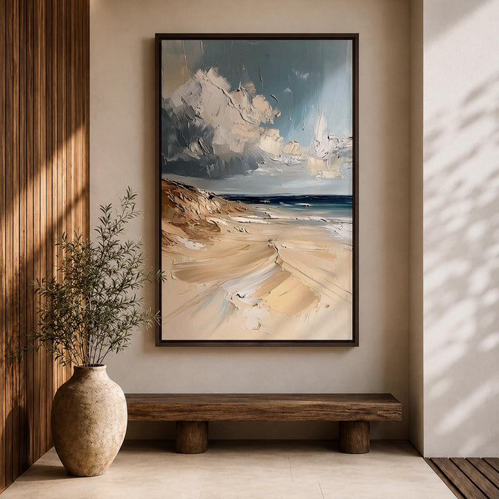 beige and blue coastal wall art framed in modern space