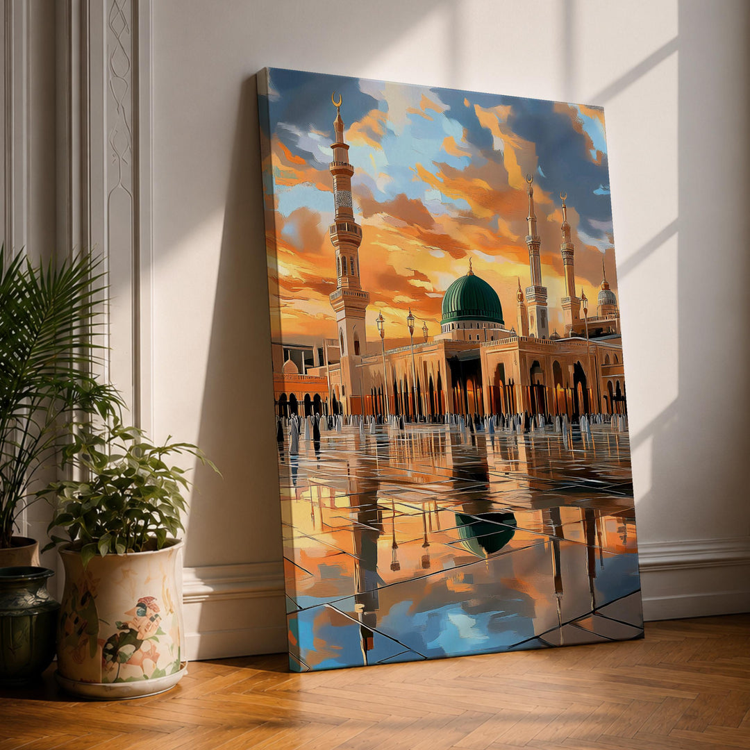 Framed canvas wall art of Masjid Al Nabawi with green dome
