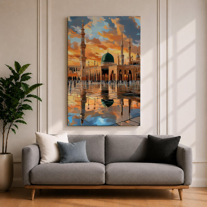 Islamic wall art featuring green dome and mosque silhouette