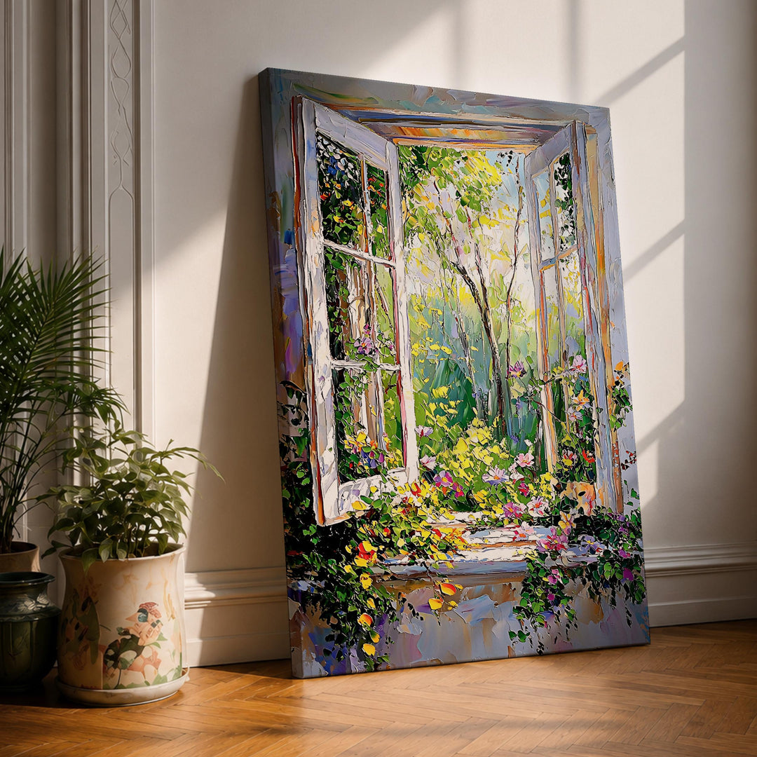 Window view garden vista on stretched canvas in a wood frame