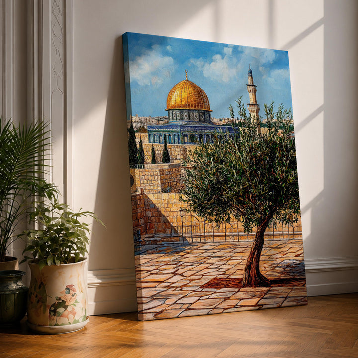 Framed canvas Masjid Al Aqsa olive tree wall art with gold dome accent