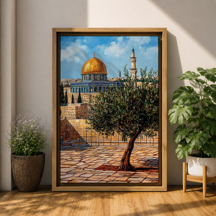 Soft beige background with olive tree and golden dome motif